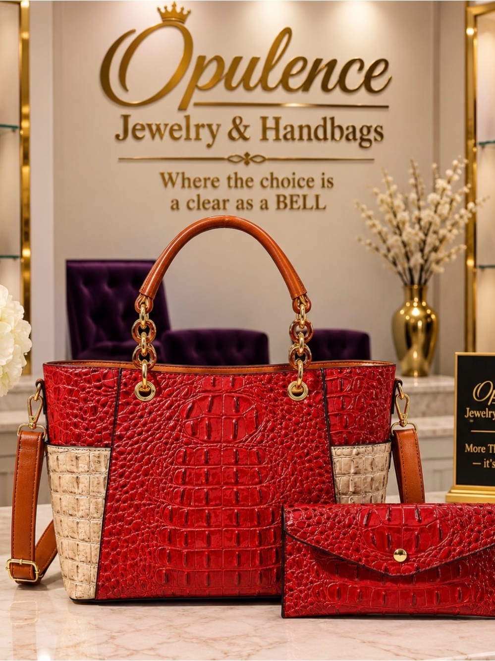 Red Croc-Embossed Tote with Tan Accents